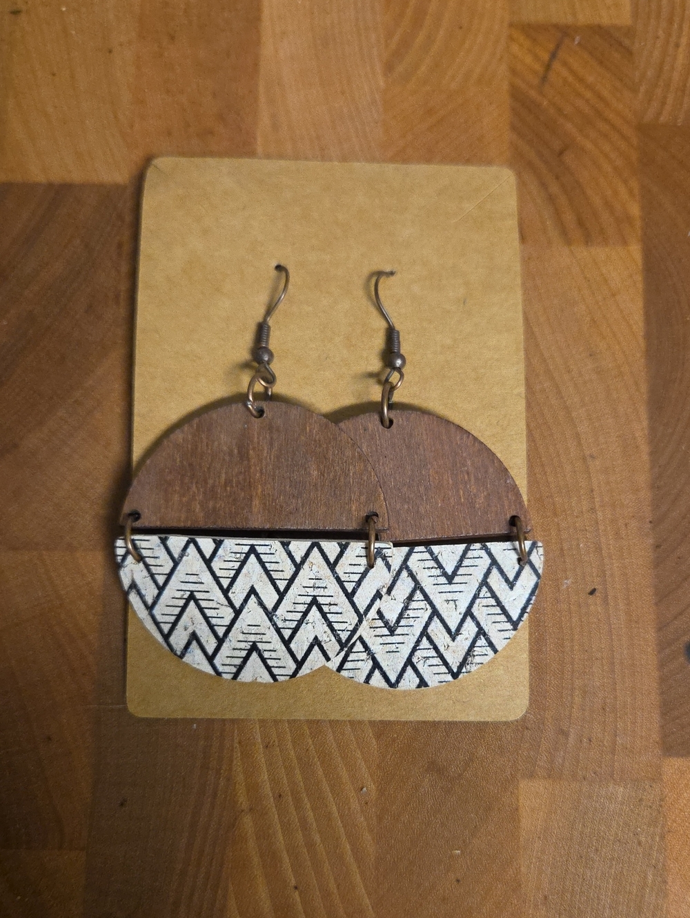 Wooden Geometric Drop Earrings in Brown and White